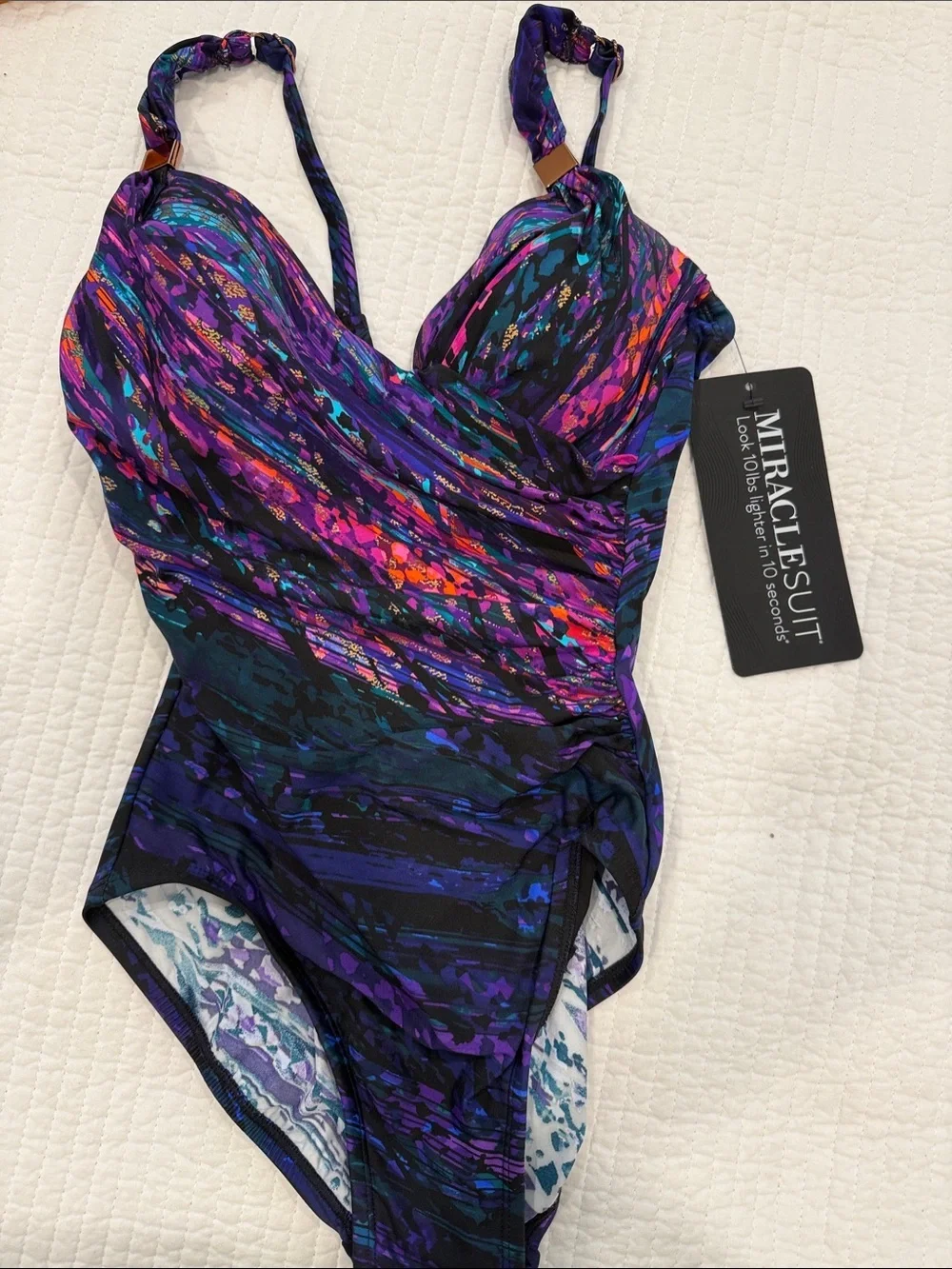 NWT Miraclesuit Dark Purple Multi-Print Ruched One-Piece Swimsuit sz 6